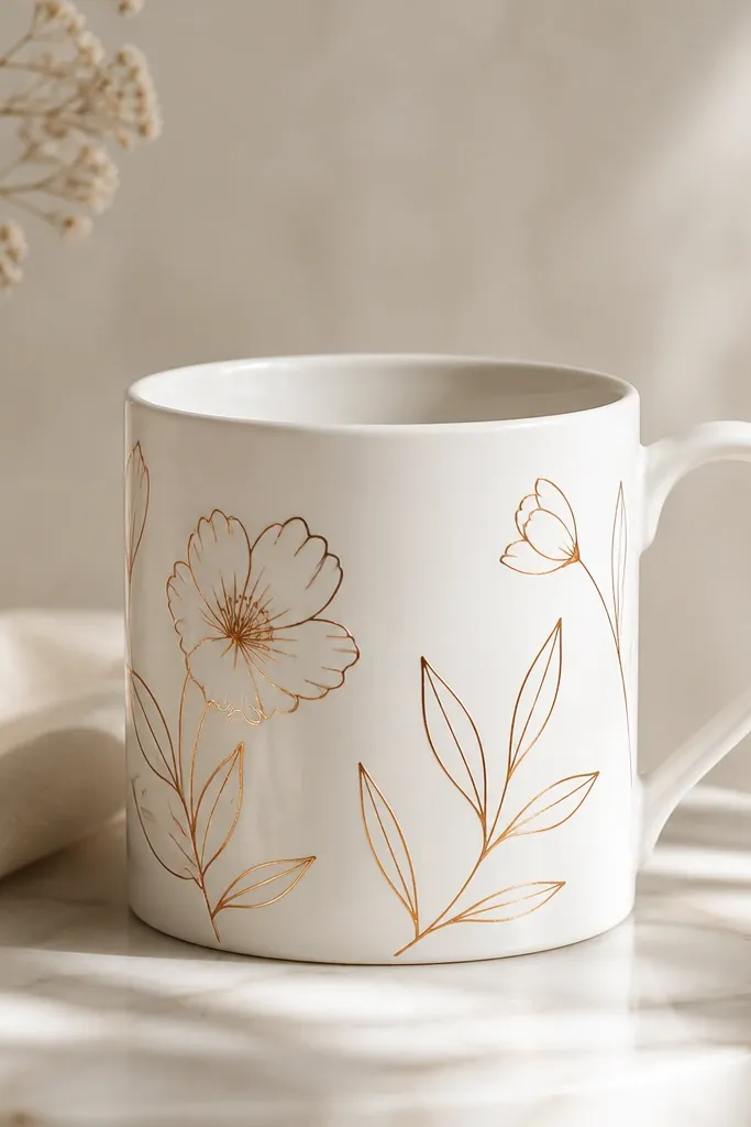 A white mug with copper outline drawings of simple flowers and leaves. The lines are thin and metallic, with clean curves and lots of white space.