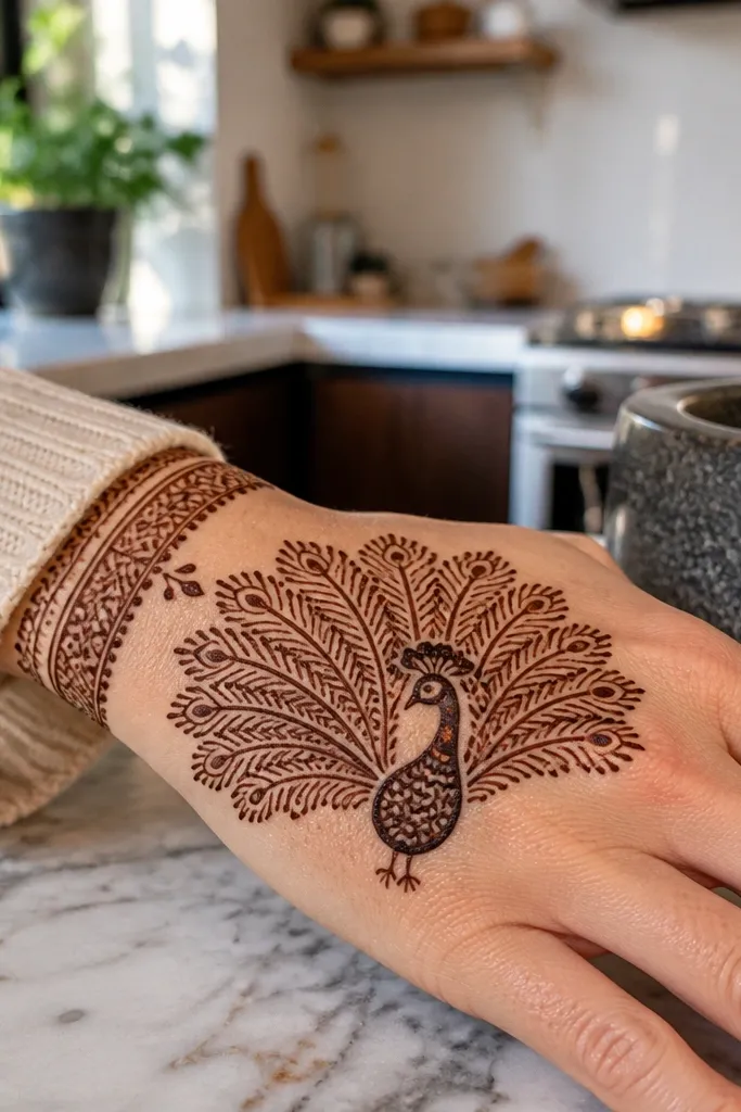 Back hand mehndi with a wide peacock tail fan and a dotted wrist band