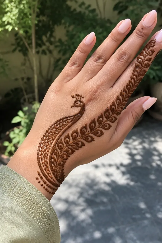 Back hand mehndi with an S-shaped peacock neck and feather line running across the top