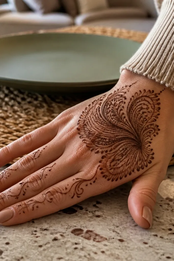 Back hand mehndi showing a peacock tail fan with lace patterns over knuckles