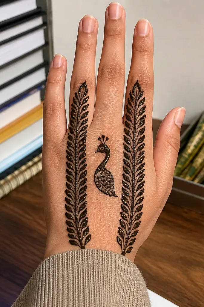 Back hand mehndi with two vertical feather columns and a small peacock in the center