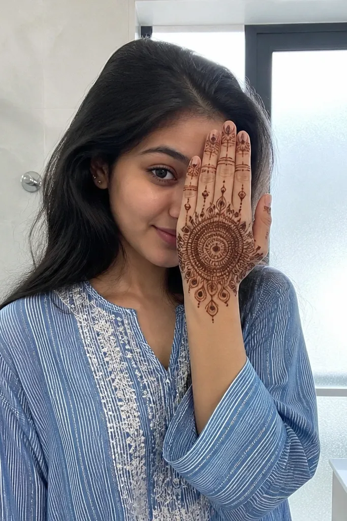 Back hand mehndi with a mandala center and peacock eye dots radiating outward