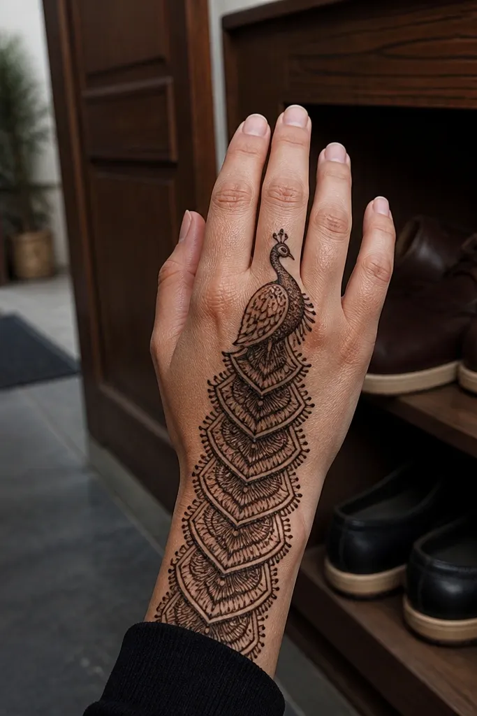 Back hand mehndi with a ladder-like peacock pattern from wrist to knuckles