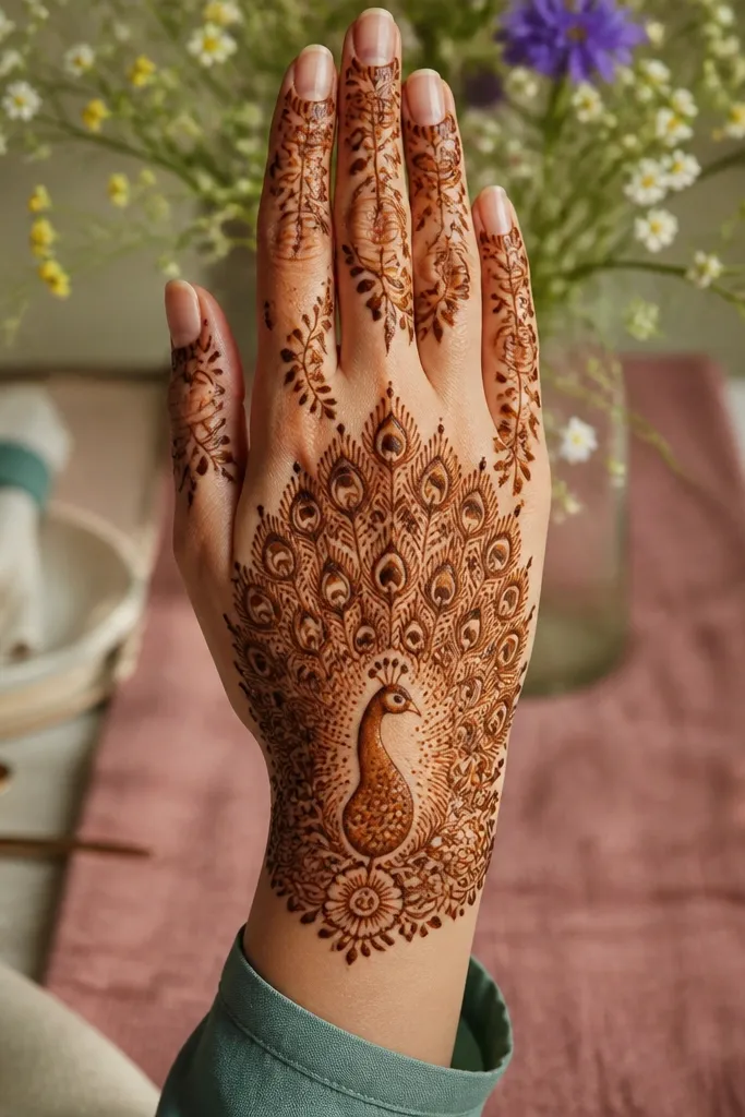 Back hand mehndi with a peacock tail fan and floral border around the edges