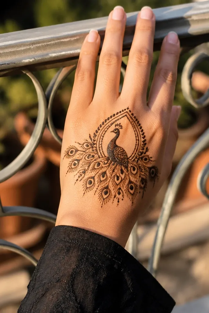 Back hand mehndi with a teardrop peacock body and a feather fringe across the center