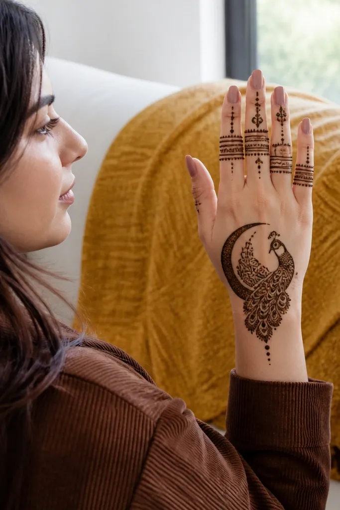 Back hand mehndi with a peacock tail in a side crescent frame