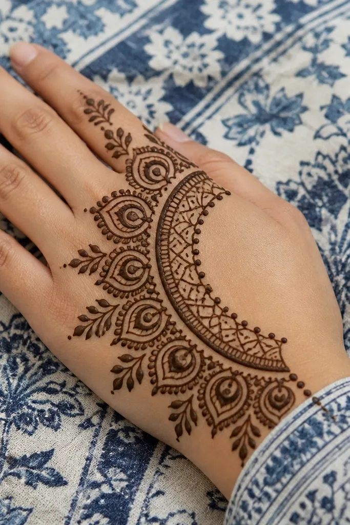 Back hand mehndi with half-hand peacock feather mandala pattern