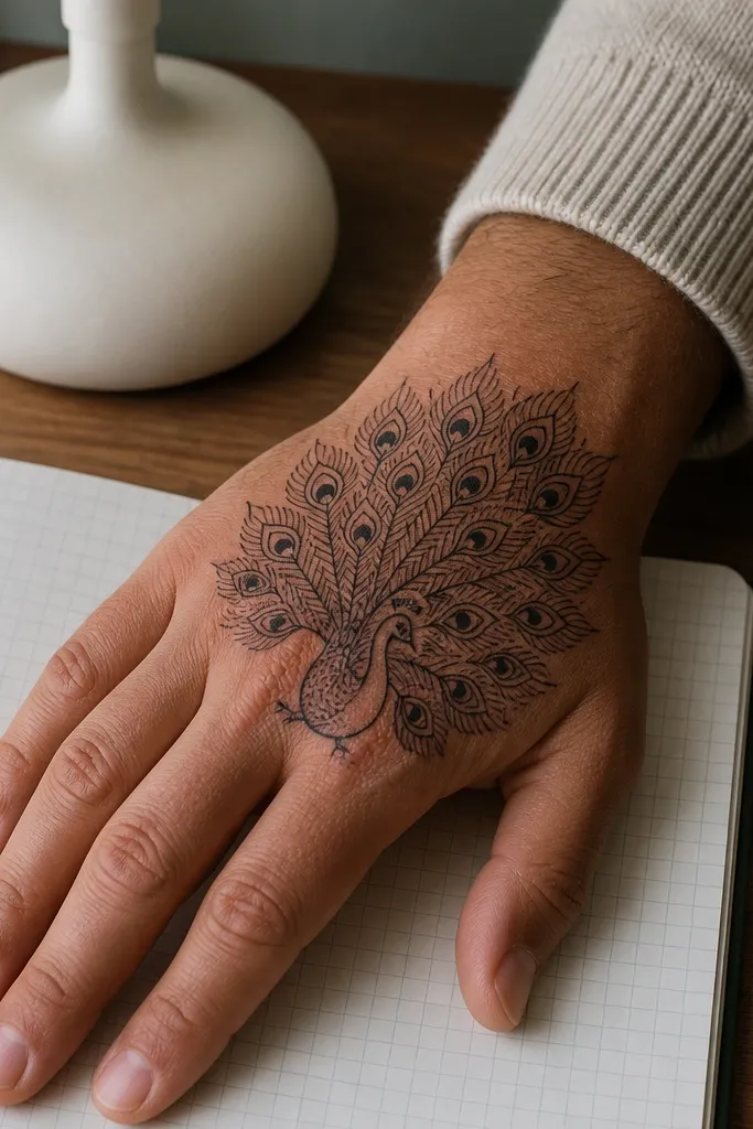 Back hand mehndi with peacock tail fan and small geometric background dots
