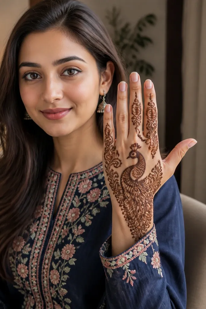 Back hand mehndi with peacock neck, belly, and scrolls around knuckles