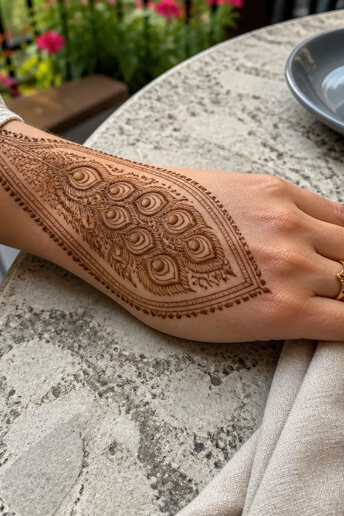 Back hand mehndi with peacock tail fan framed by double lace borders