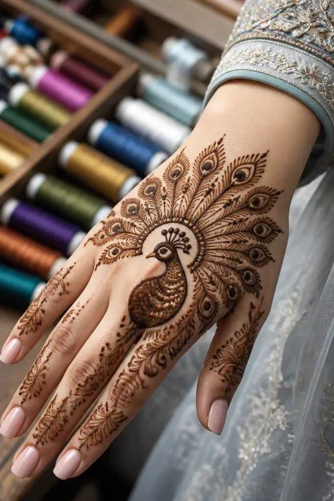 Back hand mehndi with peacock tail fan connected by paisley teardrops