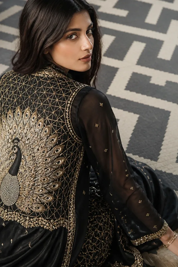 Back hand mehndi with a peacock tail fan over a triangle grid pattern