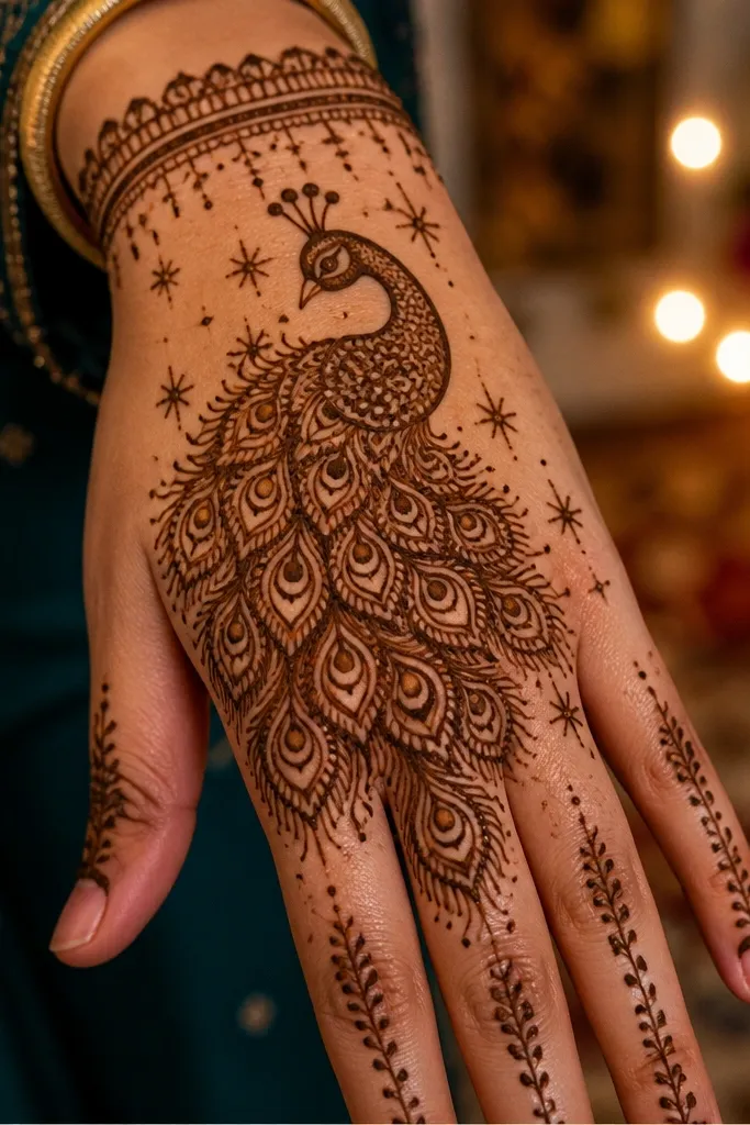 Back hand mehndi with peacock tail fan and small star bursts near the wrist