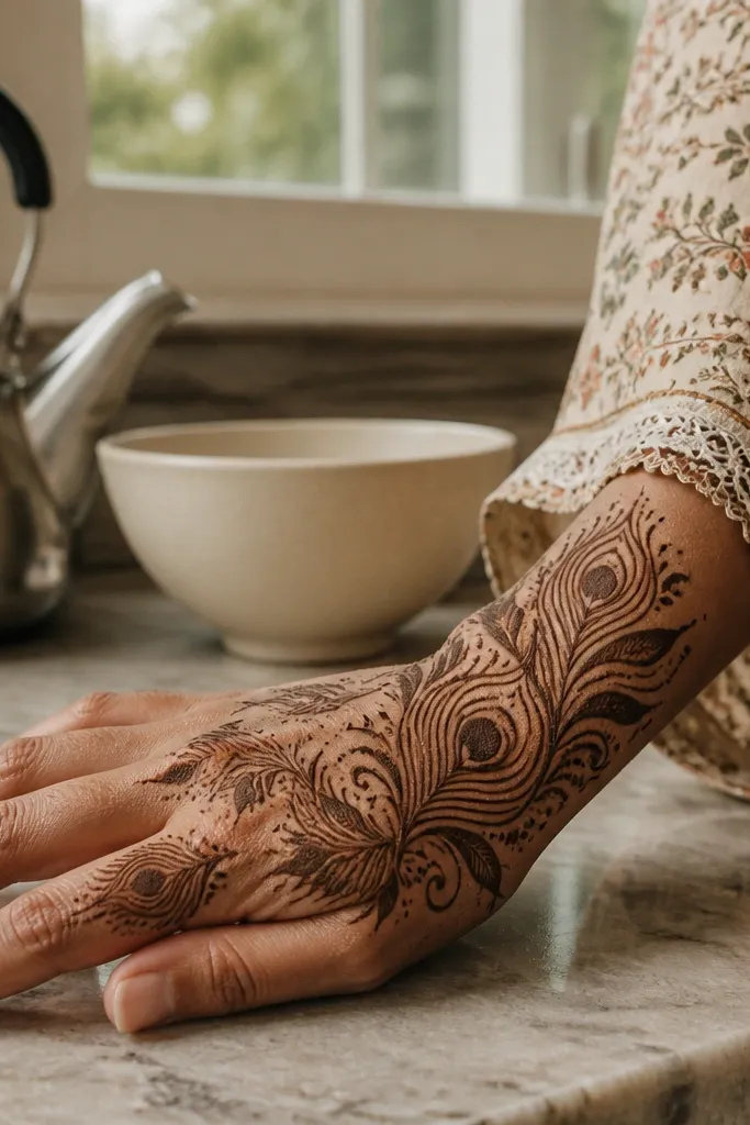 Back hand mehndi with peacock feathers shaded using raised dot patterns
