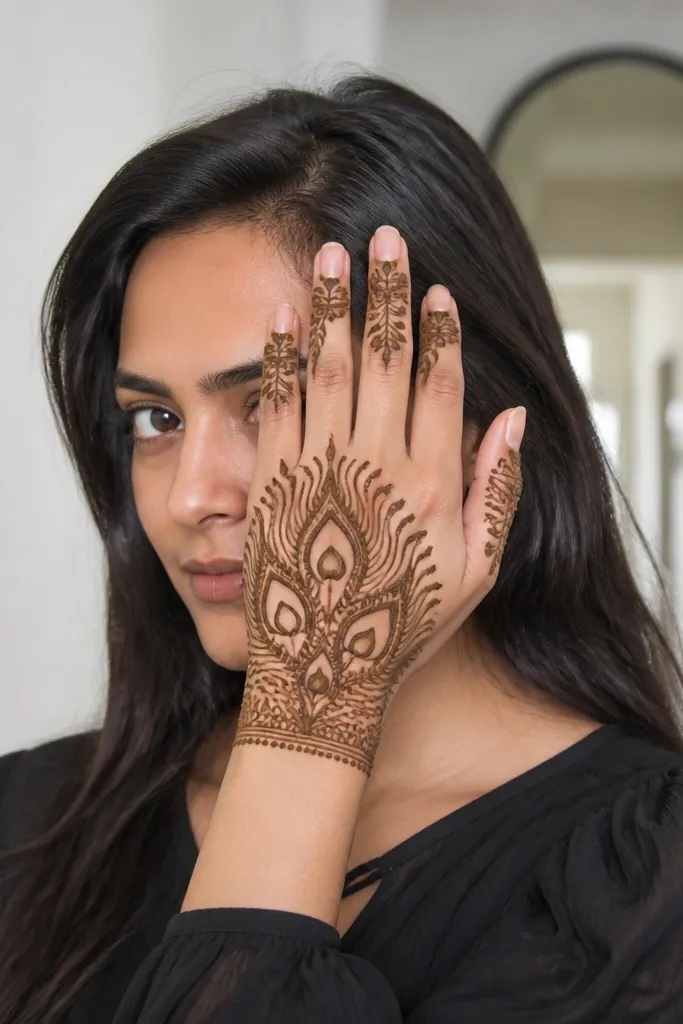 Back hand mehndi with peacock tail fan where feathers have cut-out gaps