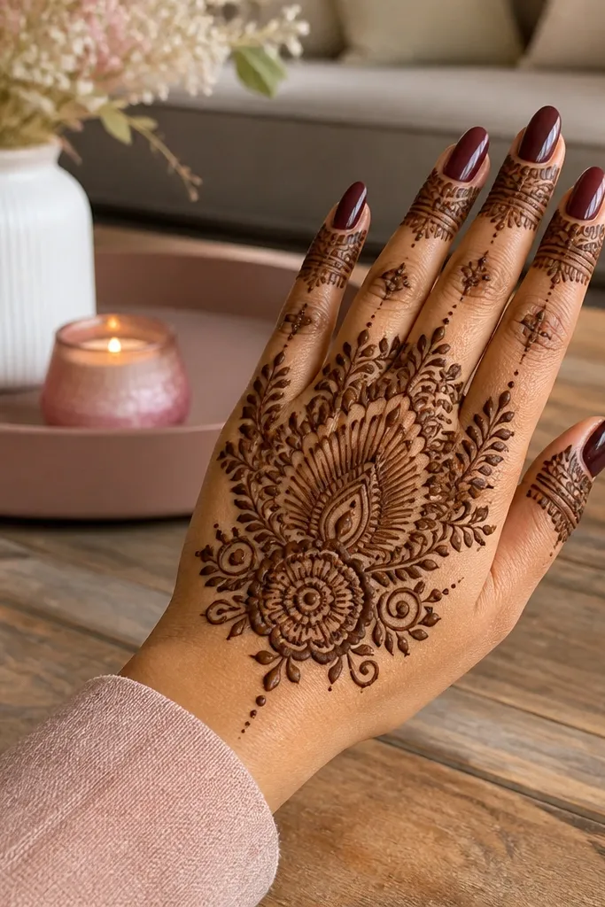 Back hand mehndi with peacock tail fan, stacked leaves on sides, and a central flower