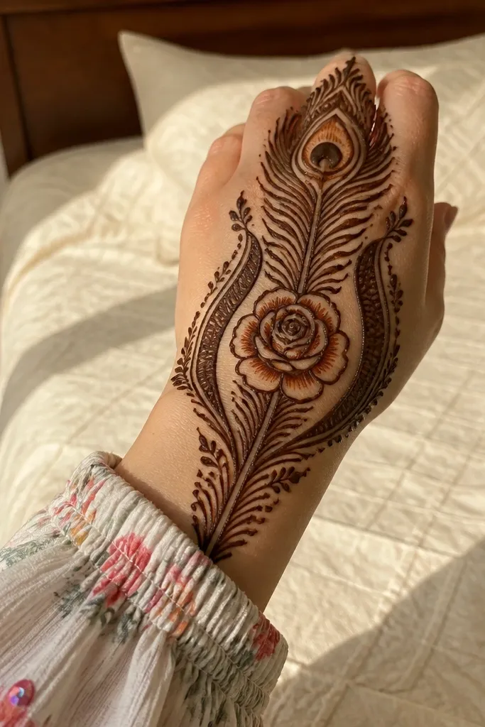 Back hand has a center peacock spine with rose and ribbon-like wing lines.