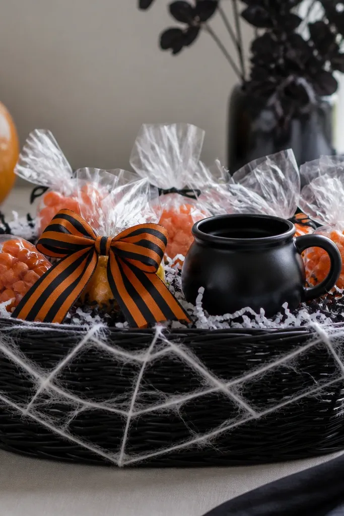 A wide black wicker basket lined with shredded white and black tissue, topped with a web pattern made from white faux spider web netting. Inside are small clear cellophane bags of orange candy, a mini black cauldron mug, and a striped orange-and-black cotton ribbon bow.