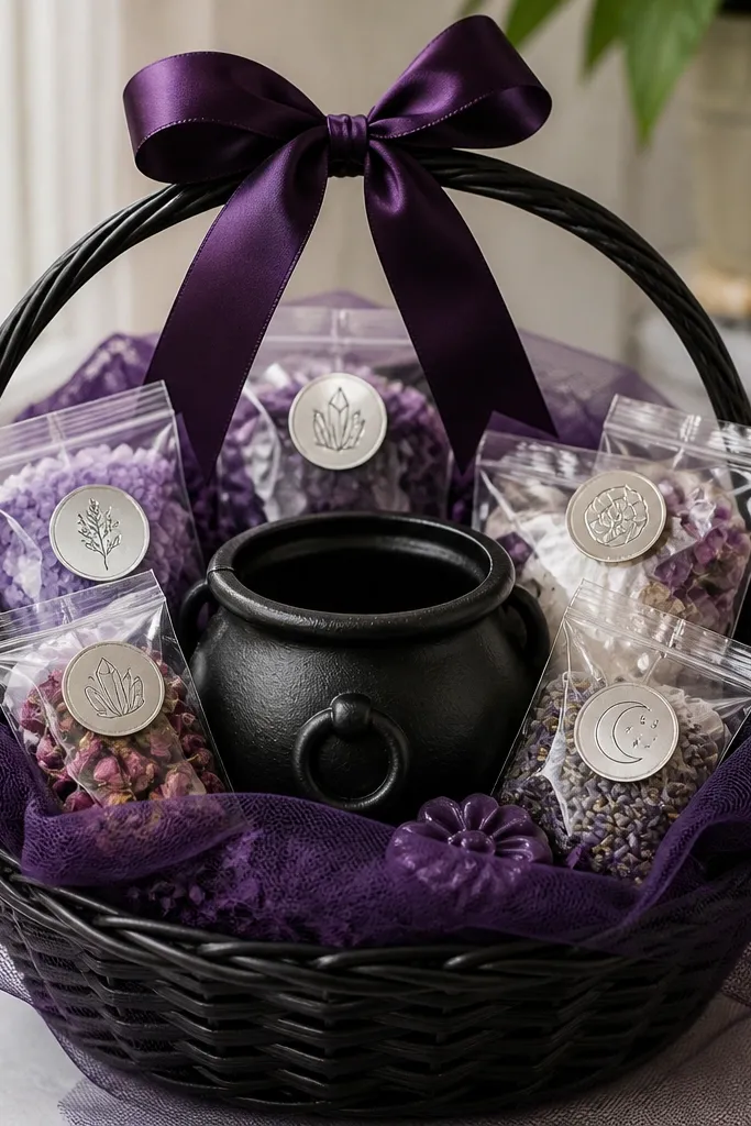 A purple-and-black themed basket with a small faux cauldron in the center, surrounded by purple tulle. Visible silver foil stickers label mini items in clear bags, and a dark purple ribbon bow sits at the top.