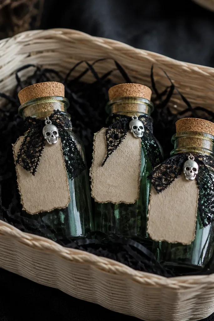 A cream-colored basket filled with shredded black paper and three small green glass bottles with corks. The bottles have handwritten tags, and the top has a strip of black lace and a tiny skull charm.