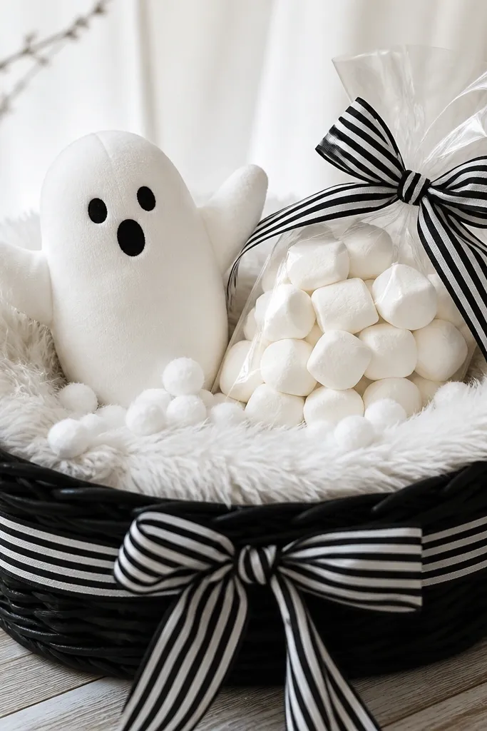 A black basket lined with white faux fur, topped with a small ghost plush and scattered white mini cotton balls. Black-and-white striped ribbon wraps around the basket and a clear bag of marshmallows sits on top.