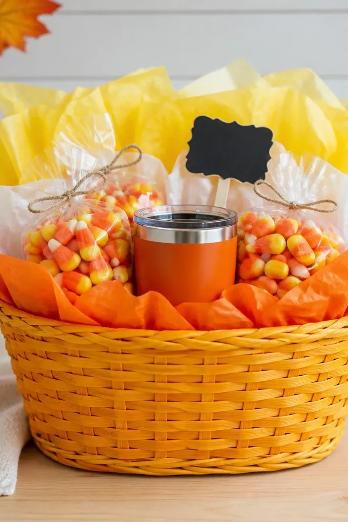 A yellow-orange basket with tri-color tissue layers: orange at the base, white in the middle, and yellow at the top. Candy corn bags, a small orange tumbler, and a black marker style label sit neatly inside.
