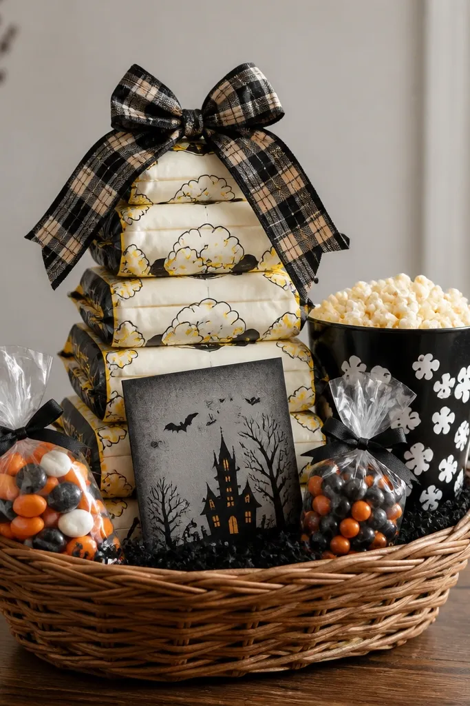 A medium basket with a popcorn tower made from stacked microwave popcorn bags and a small black popcorn bucket. The top has a plaid bow, and there are two clear bags of candy and a printed spooky movie list card.