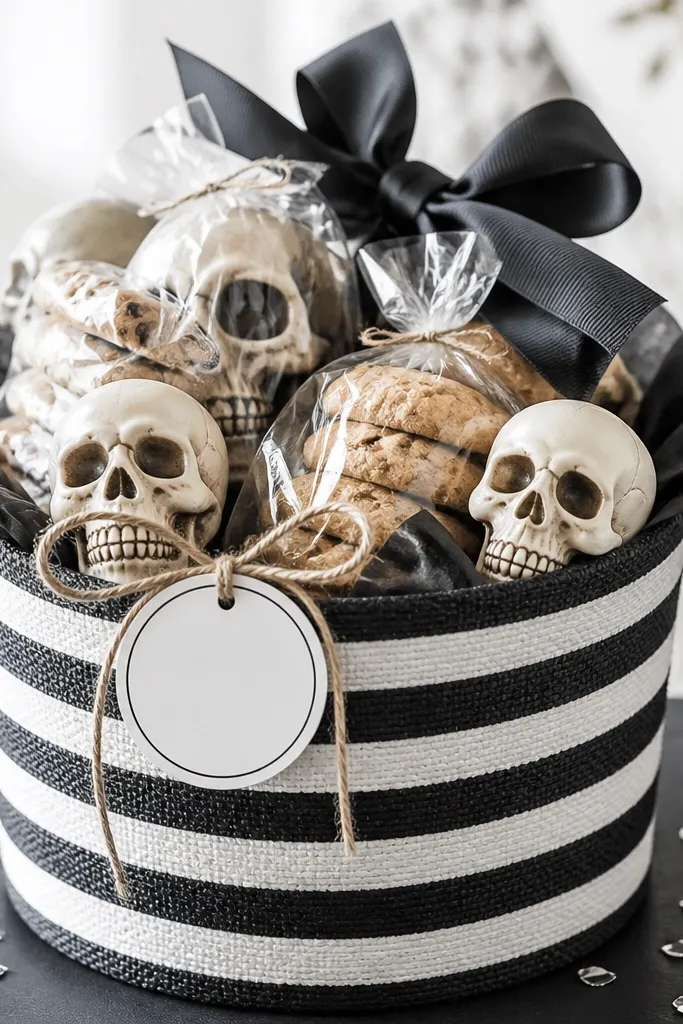 A black-and-white striped basket arrangement with skull-shaped ornaments, a monogram tag tied with twine, and small clear bags of cookies. The top has a black ribbon bow and a few silver confetti sprinkles.