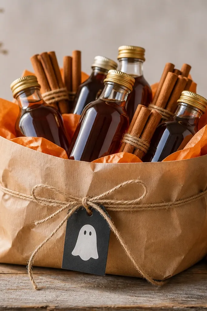 A basket wrapped in brown kraft paper with a twine bow, filled with mini jars of pumpkin spice syrup, cinnamon sticks, and a small "boo" tag. The top has orange tissue peeking through.