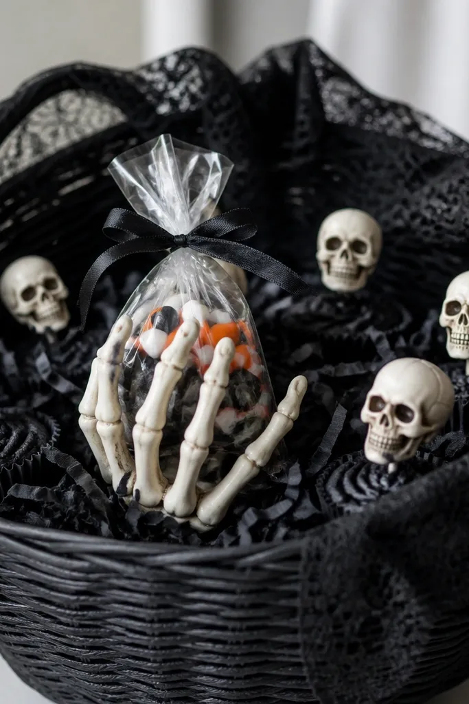 A black basket with black lace draped over the top, a plastic skeleton hand holding a small bag of candy in the center, and mini skull cupcake toppers scattered around.
