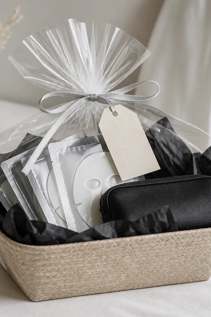 A neutral beige basket with black tissue, mini facial masks in clear packaging, a small black makeup bag, and a handwritten label tag. A thin silver ribbon wraps the top.