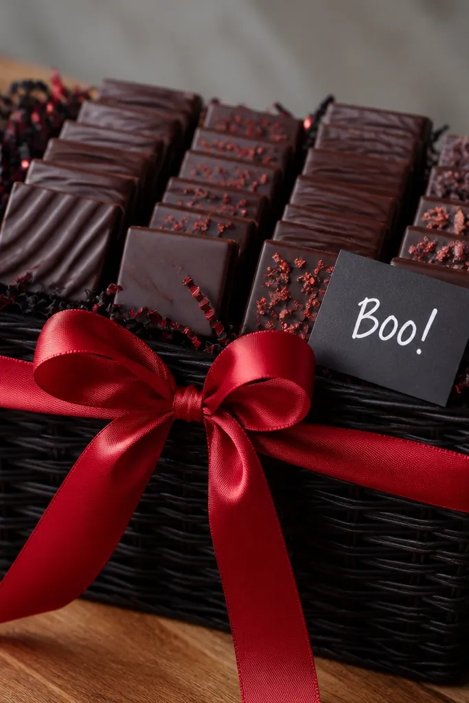 A black basket filled with dark chocolate bars in neat rows, a deep red satin ribbon tied in a bow, and a small card that says "Boo!" in white marker. The top is dusted with a tiny bit of red glitter on a paper shred.