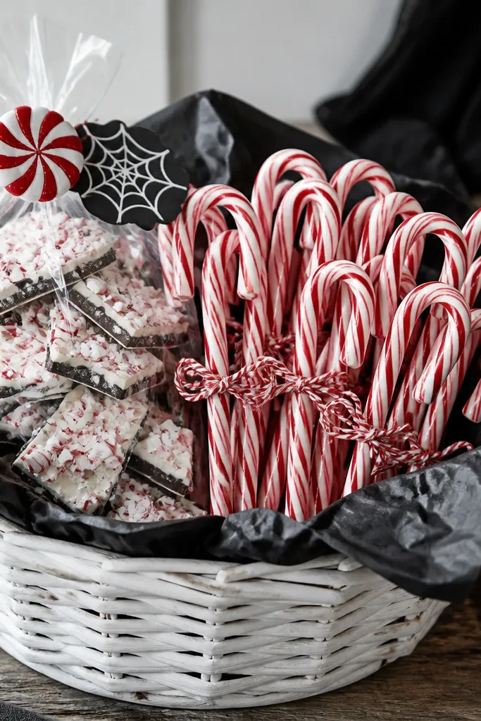 A white basket lined with black tissue, filled with candy canes tied in pairs with red twine, and a clear bag of peppermint bark. The top has a peppermint swirl decoration and a small "spooky" tag.