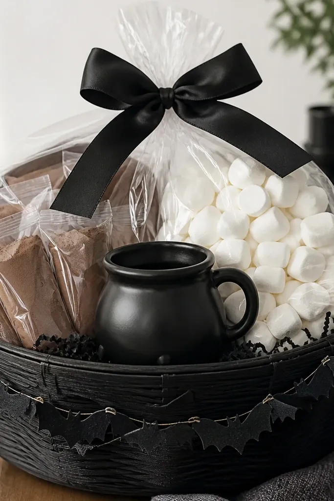 A basket with a black base and a mound of white marshmallows under clear wrap. There are hot cocoa packets in clear bags, a small cauldron mug, and a string of mini black bats on the rim.