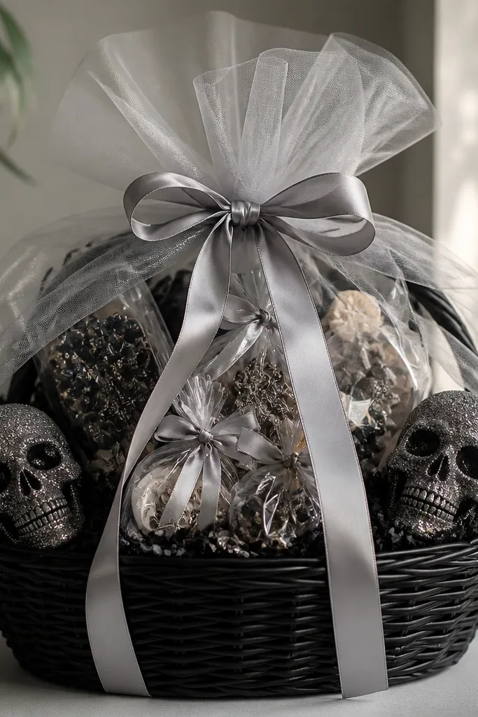 A black basket with clear organza fabric draped over the top, glitter skull figurines on the sides, and small trinkets in clear bags. Silver ribbon ties everything together.