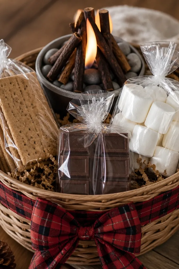 A basket with a small faux campfire scene on the top, a s'mores kit containing graham crackers, chocolate squares, and marshmallows in clear bags. The basket has brown paper filler and a red plaid ribbon.