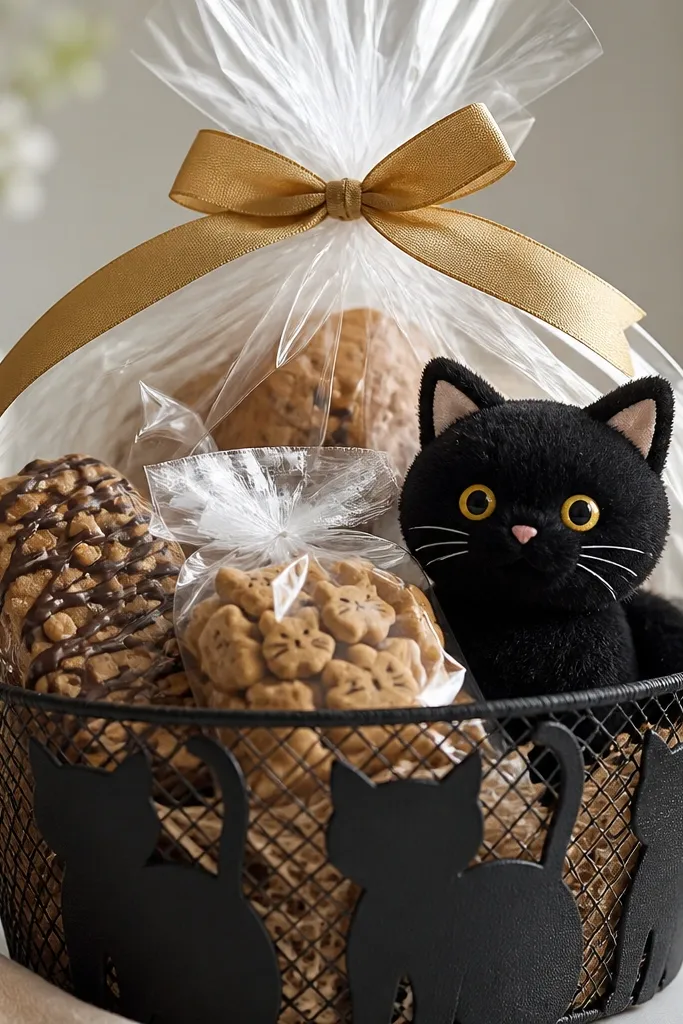 A black basket with cat-shaped decorations, a small pouch of cat treats in clear packaging, and a cute black cat plush. There are also human treats wrapped in clear bags, all tied with a gold ribbon.