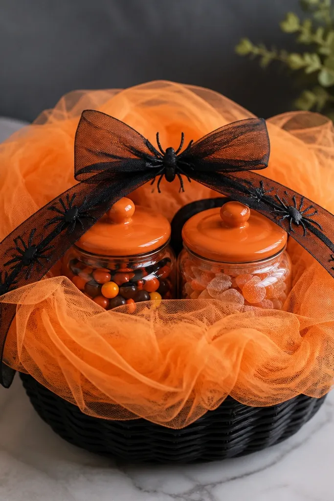A black basket wrapped in orange tulle layers, with two small glass candy jars in the center. The jars have orange lids, and a black spider ribbon crosses the top.