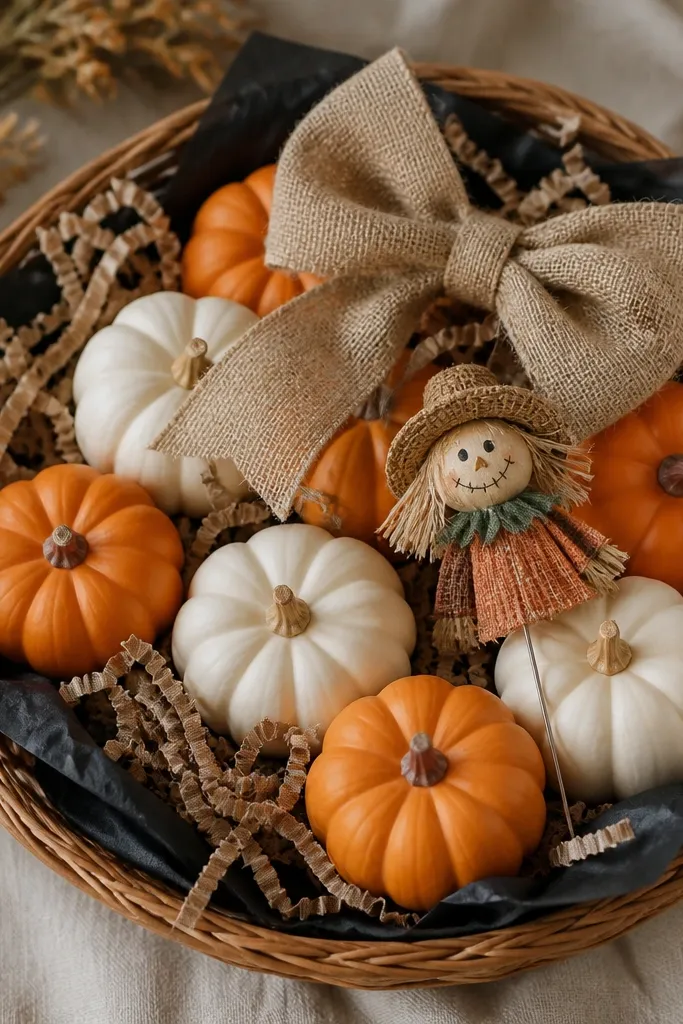 A wicker basket filled with mini faux pumpkins in orange and cream, surrounded by shredded burlap and black tissue. A small scarecrow pin and a burlap bow sit on top.