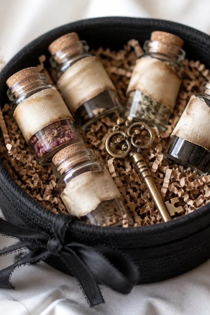 A black basket with kraft paper filler and a gold skeleton key charm on top. Small jars have "aged" labels made from torn paper and ink, and a thin black ribbon wraps the rim.