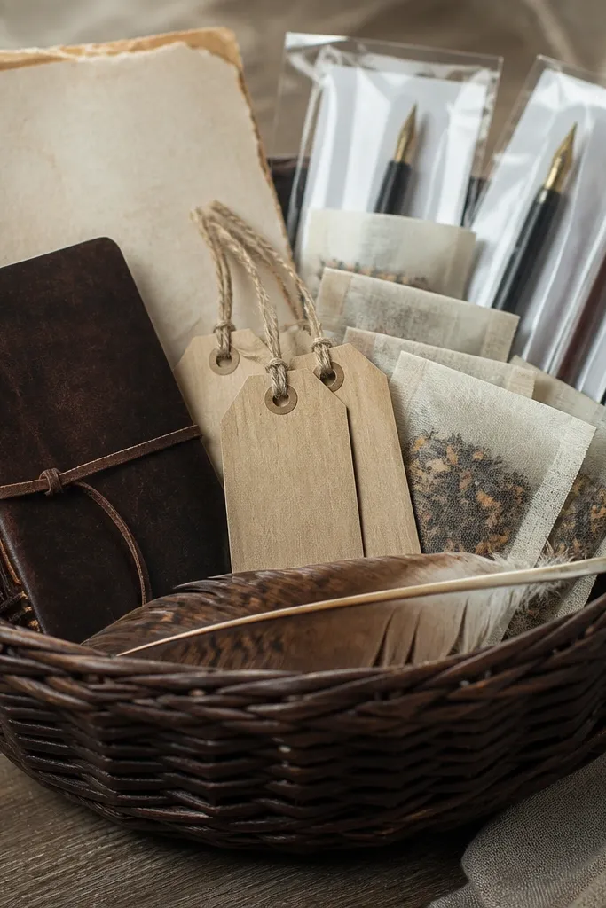 A dark brown basket with faux aged paper, a small leather-look notebook, and "spell" tags. Inside are tea bags and ink pens in clear packaging, and a small feather quill rests on top.