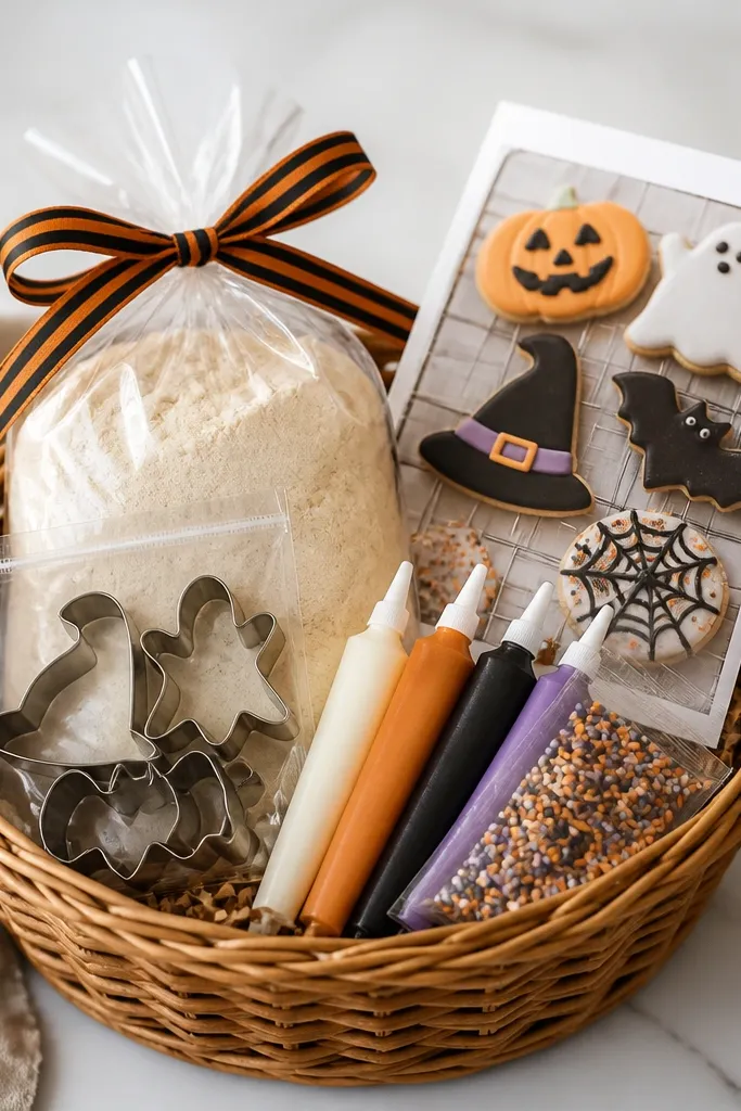A basket with a clear bag of cookie mix, icing tubes, and Halloween sprinkles. The top has a printed recipe card and a black-and-orange ribbon, with cookie cutter shapes visible in a small clear pouch.