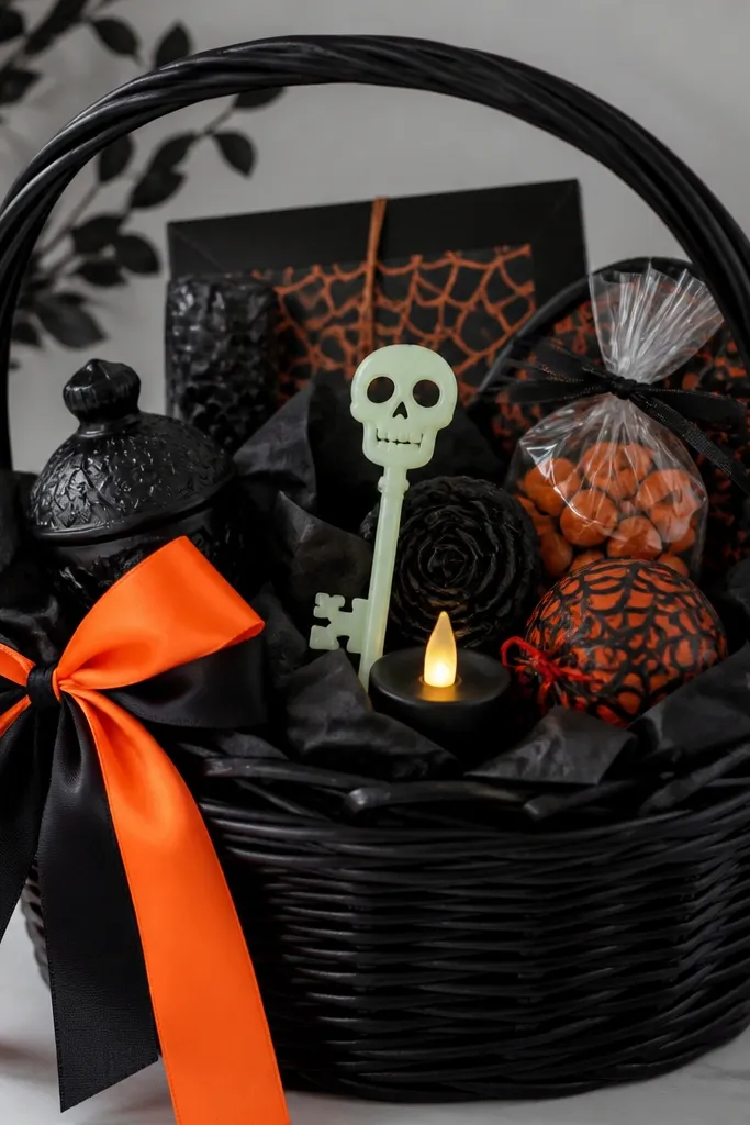 A black basket with matte black tissue, neon orange accents, a glow-in-the-dark skeleton key, and a small LED flicker candle. The bow is neon orange ribbon with a matte black ribbon underneath.