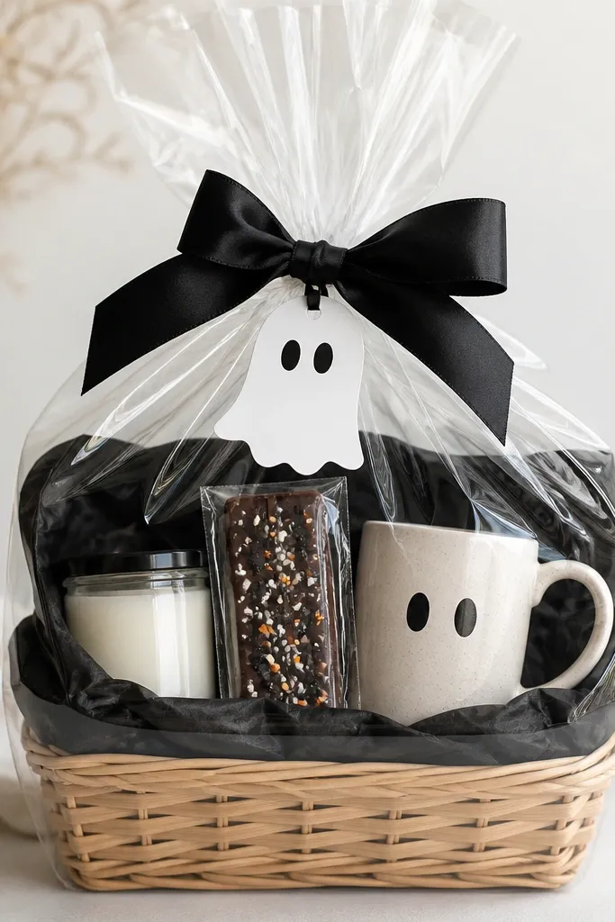 A simple basket with black tissue, a few upgraded items in matching clear bags, a "boo" tag, and a clean ribbon wrap. The contents include a mini candle, a candy bar, and a cute mug.