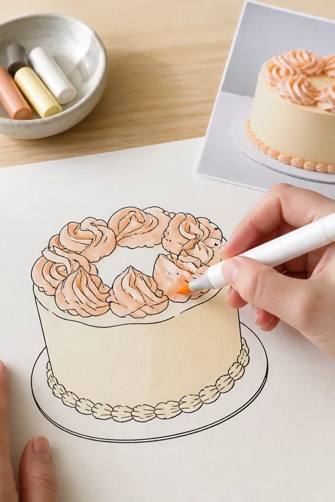 Clean marker outline cake with flat colored frosting and one shadow wash