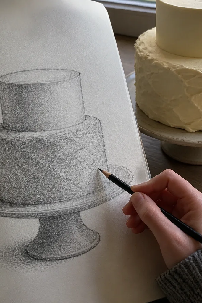 Pencil cake with cross-hatched frosting texture and darker underside shading