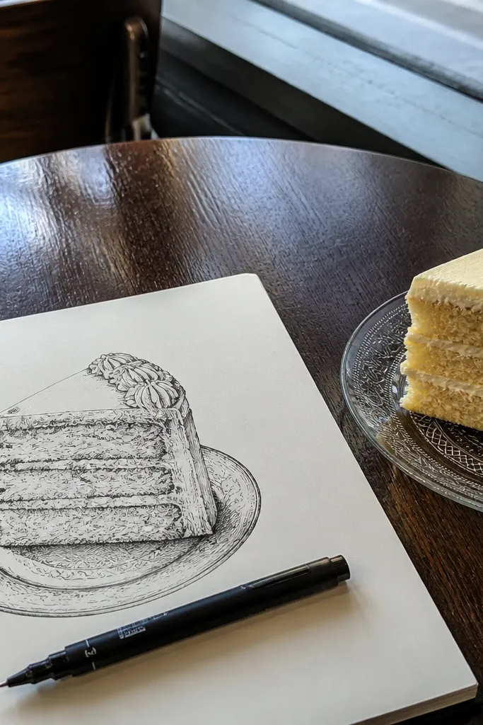 Pen cake drawing with thick outer outline and thinner inner line details