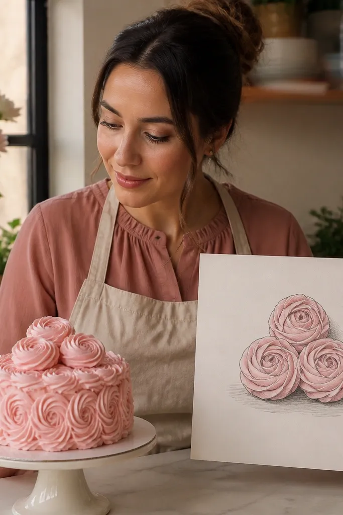 Cake top with three rosette swirls and minimal pencil shading under them