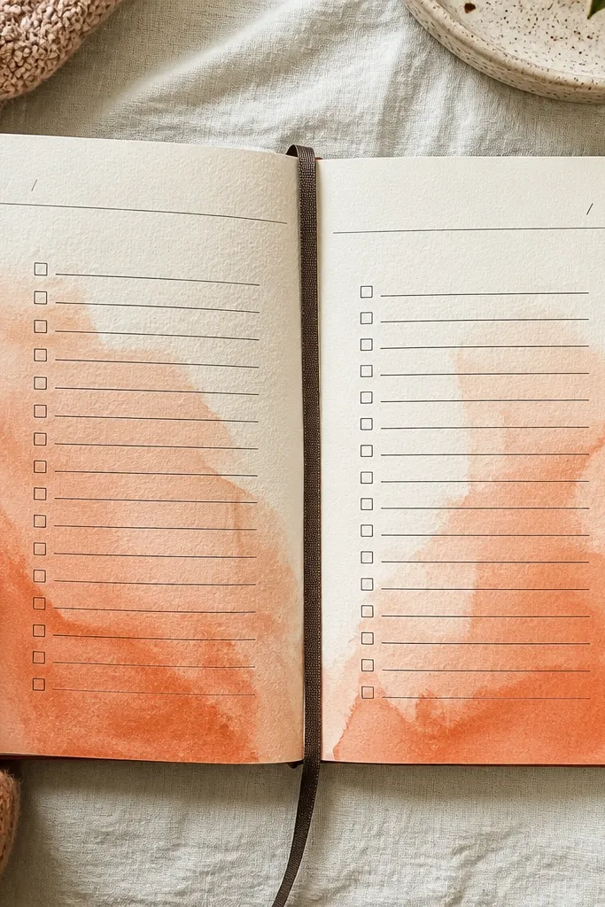 Soft watercolor wash background with crisp black checklist lines