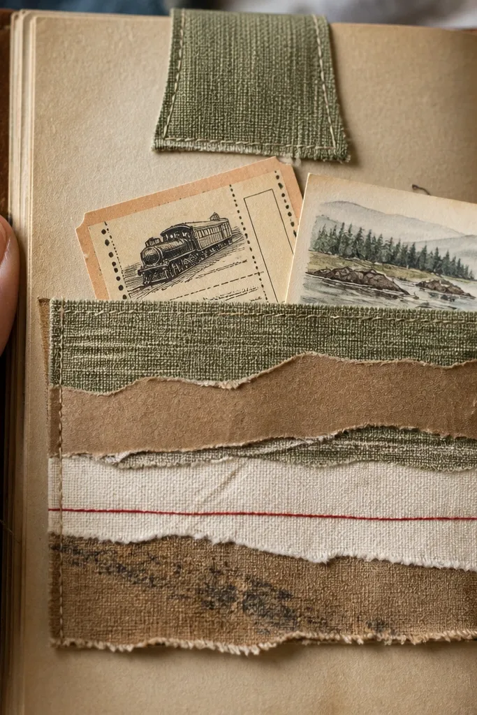 A paper pocket holding tickets with fabric tabs sticking out